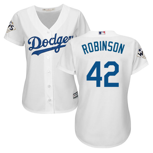 Dodgers #42 Jackie Robinson White Home World Series Bound Women's Stitched MLB Jersey - Click Image to Close